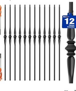 New 12pk Wrought Iron Hollow Balusters - Deck Spindles Stair Railing indoor,Stair Single Spoon Knuckle Hollow Iron Baluster stair spindles, for staircase interior, Includes 2 Drill Bits for Wood (12 Pack Black)