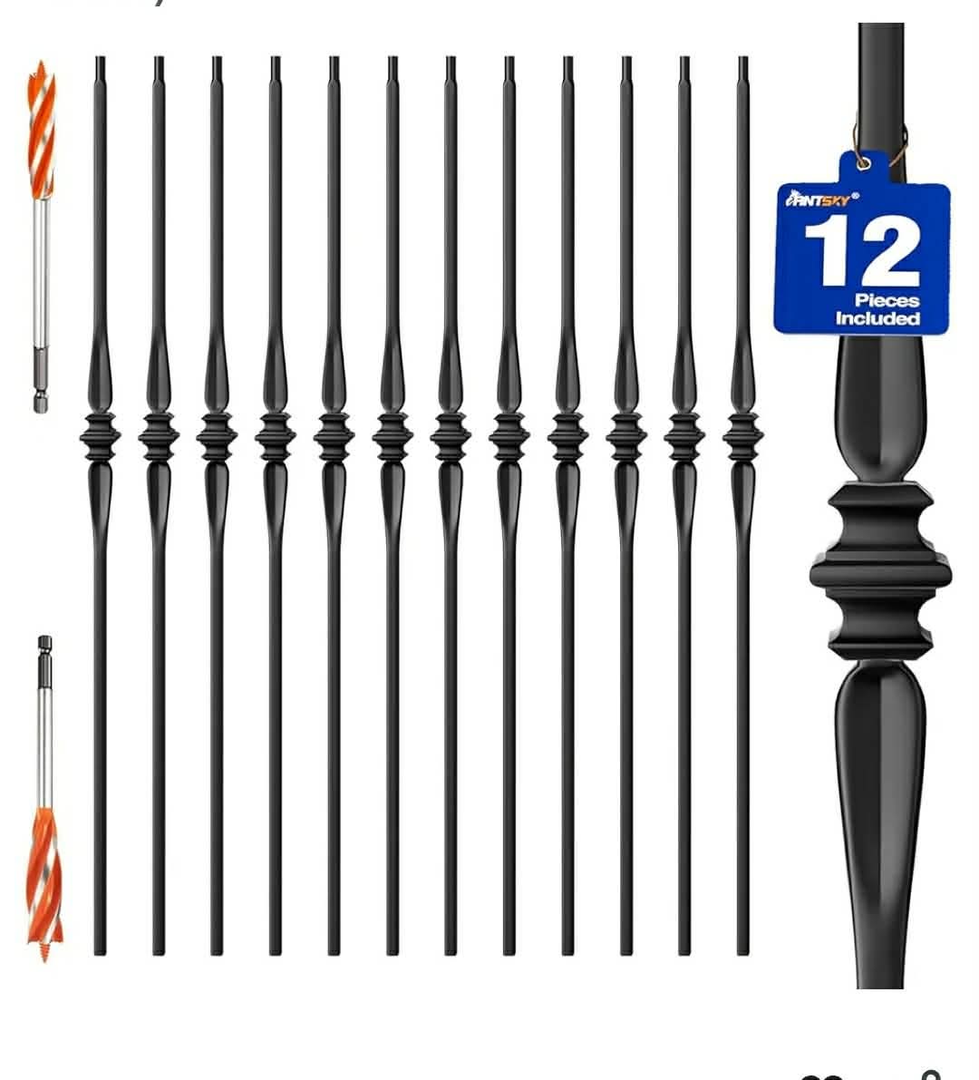 New 12pk Wrought Iron Hollow Balusters - Deck Spindles Stair Railing indoor,Stair Single Spoon Knuckle Hollow Iron Baluster stair spindles, for staircase interior, Includes 2 Drill Bits for Wood (12 Pack Black)