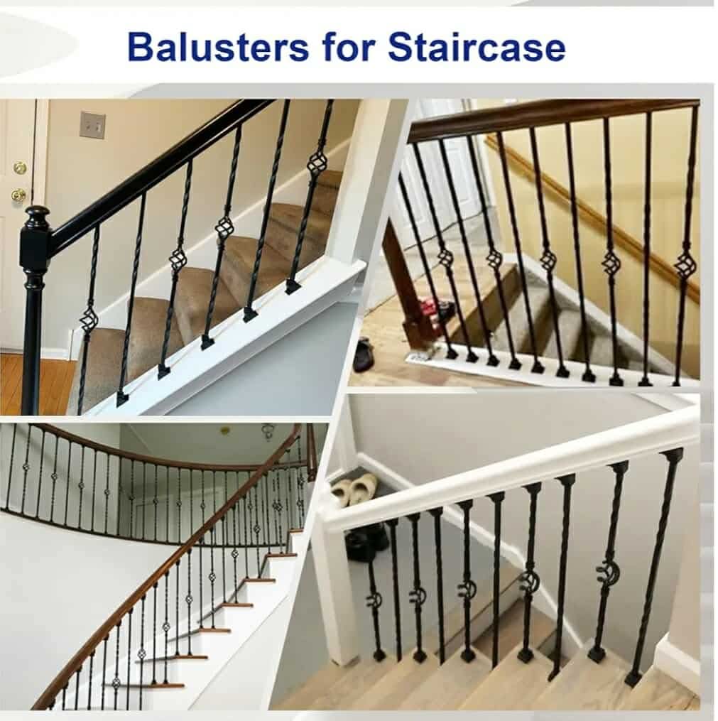 9 Pack Iron Balusters,Hollow Double Basket Iron Spindles Hollow Single Basket Staircase Balusters Single Twist 1/2" Square Stair Balusters with 18 Swivel Shoes - Image 11