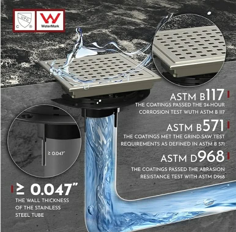 6 Inch Square Shower Floor Drain with Flange, Quadrato Pattern Grate Removable, Food-Grade SUS 304 Stainless Steel,Watermark & CUPC Certified, Brushed Nickel - Image 8