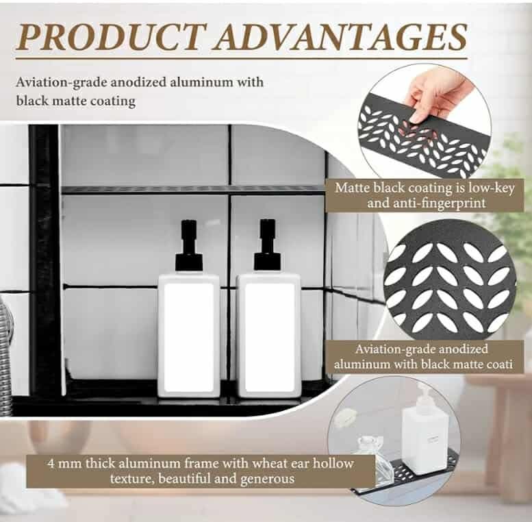 2 Pcs Aluminum Shower Niche Rectangular Shelf Black 5/32"/ 4 mm Thick, Petal Design, Matte Black Finish for 12" Prefabricated Niches, Fits 5/32" Grout Line - Image 15