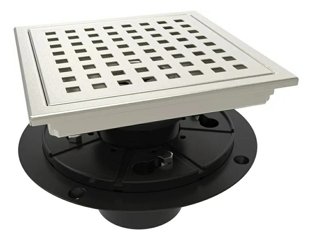 6 Inch Square Shower Floor Drain with Flange, Quadrato Pattern Grate Removable, Food-Grade SUS 304 Stainless Steel,Watermark & CUPC Certified, Brushed Nickel