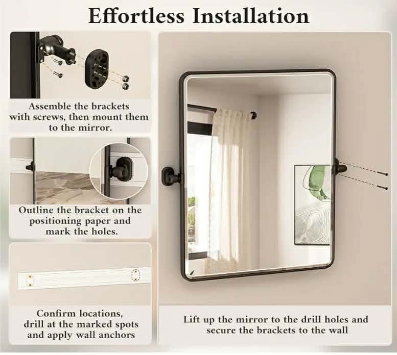 TETOTE Pivot Mirror for Bathroom 20 x 24 Black Pivoting Tilt Rectangle Beveled Mirror, Farmhouse Rounded Corner Metal Framed Bathroom Vanity Mirror for Wall, Horizontal/Vertical, Tempered Glass - Image 12