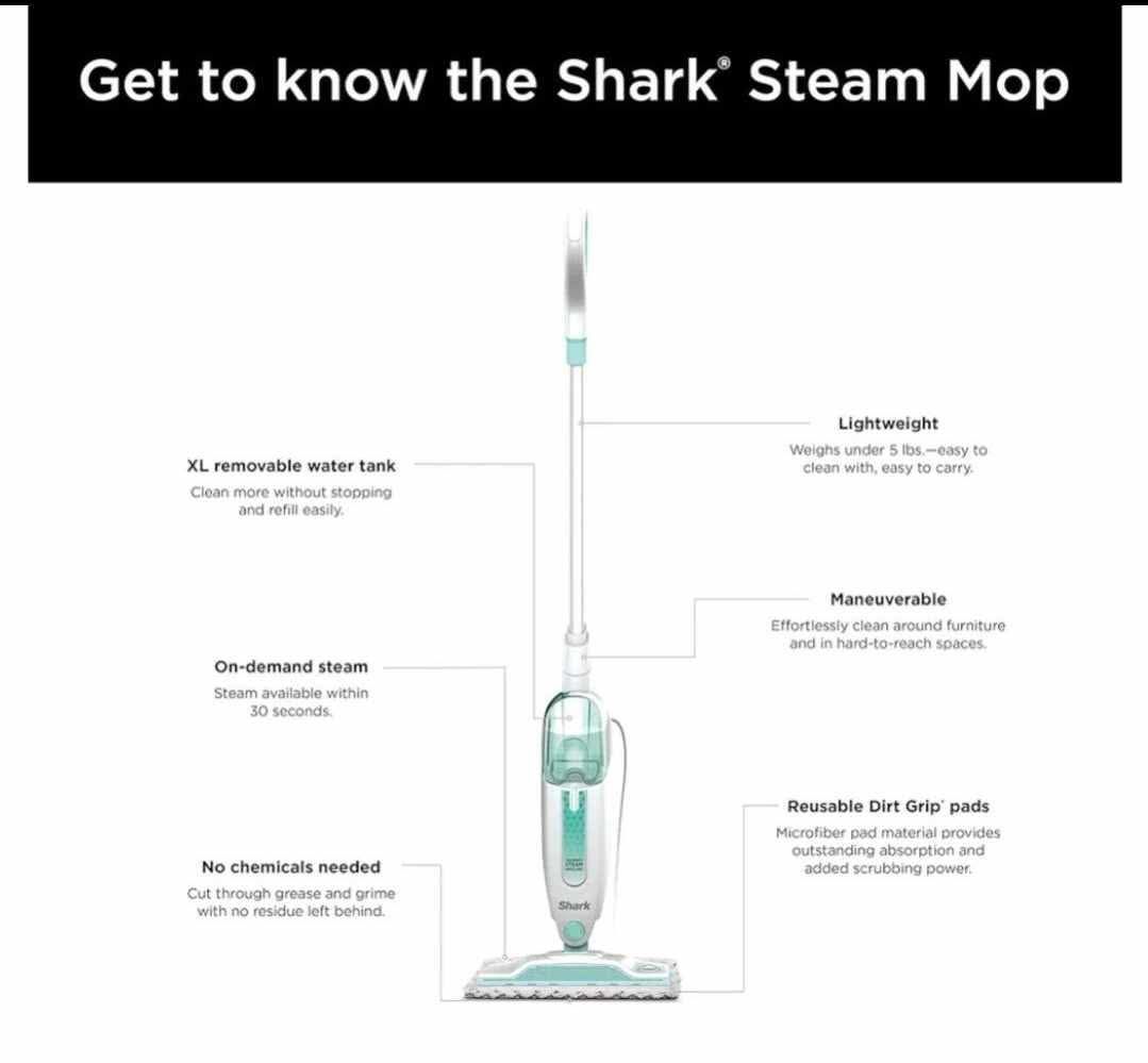Shark S1000 Steam Mop with 2 Dirt Grip Pads, Lightweight, Safe for all Sealed Hard Floors like Tile, Hardwood, Stone, Laminate, Vinyl & More, Machine Washable, Removable Water Tank, White/Seafoam - Image 10