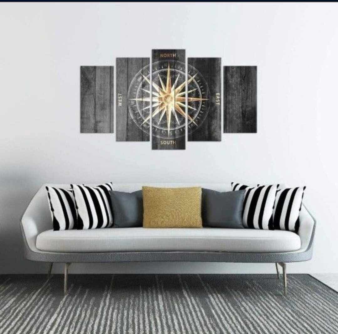 5 Pieces Vintage Grey and Gold Canvas Wall Art Nautical Compass Directions Painted on Wood Design Giclee Print Gallery Wrap For Modern Home Office Bedroom Decoration Ready to Hang - Image 4