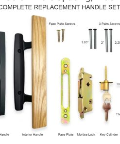 Alternative view of Sliding Patio Door Handle Set with Mortise Lock, Key Cylinder and Face Plate, Wood Handle Lock Set Fits Door Thickness from 1-1/2" to 1-3/4", 3-15/16" Screw Hole Spacing, Black