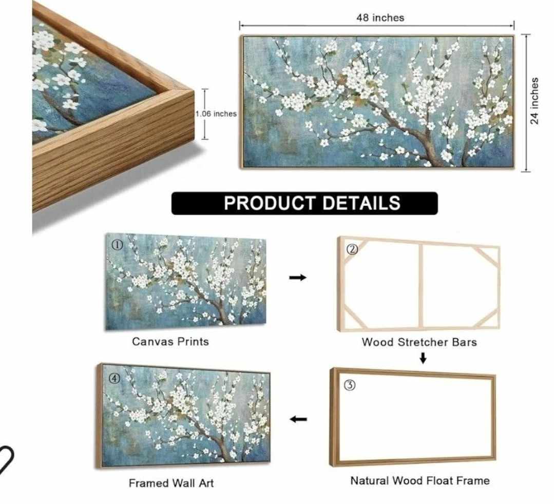 Framed Flowers Canvas Wall Art - Plum Blossom Pictures for Wall Decor Rustic Turquoise Canvas Painting Nature Printing Artwork for Living Room Bedroom Home Office Wall Decoration 24" x 48" - Image 3
