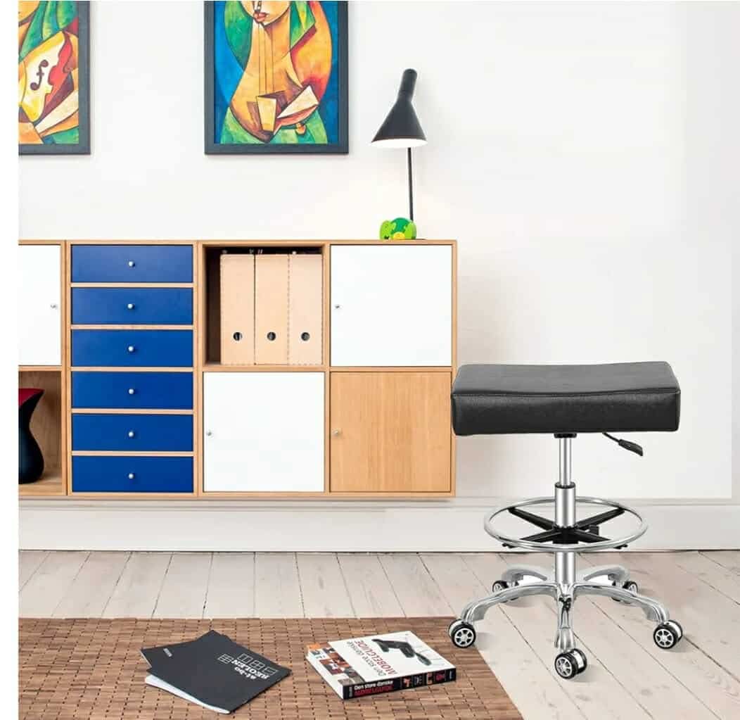 Adjustable Rolling Swivel Stool Chair for Massage Office Tattoo Kitchen, Work Heavy Duty Stool with Wheels (Black, with Foot Rest) - Image 4