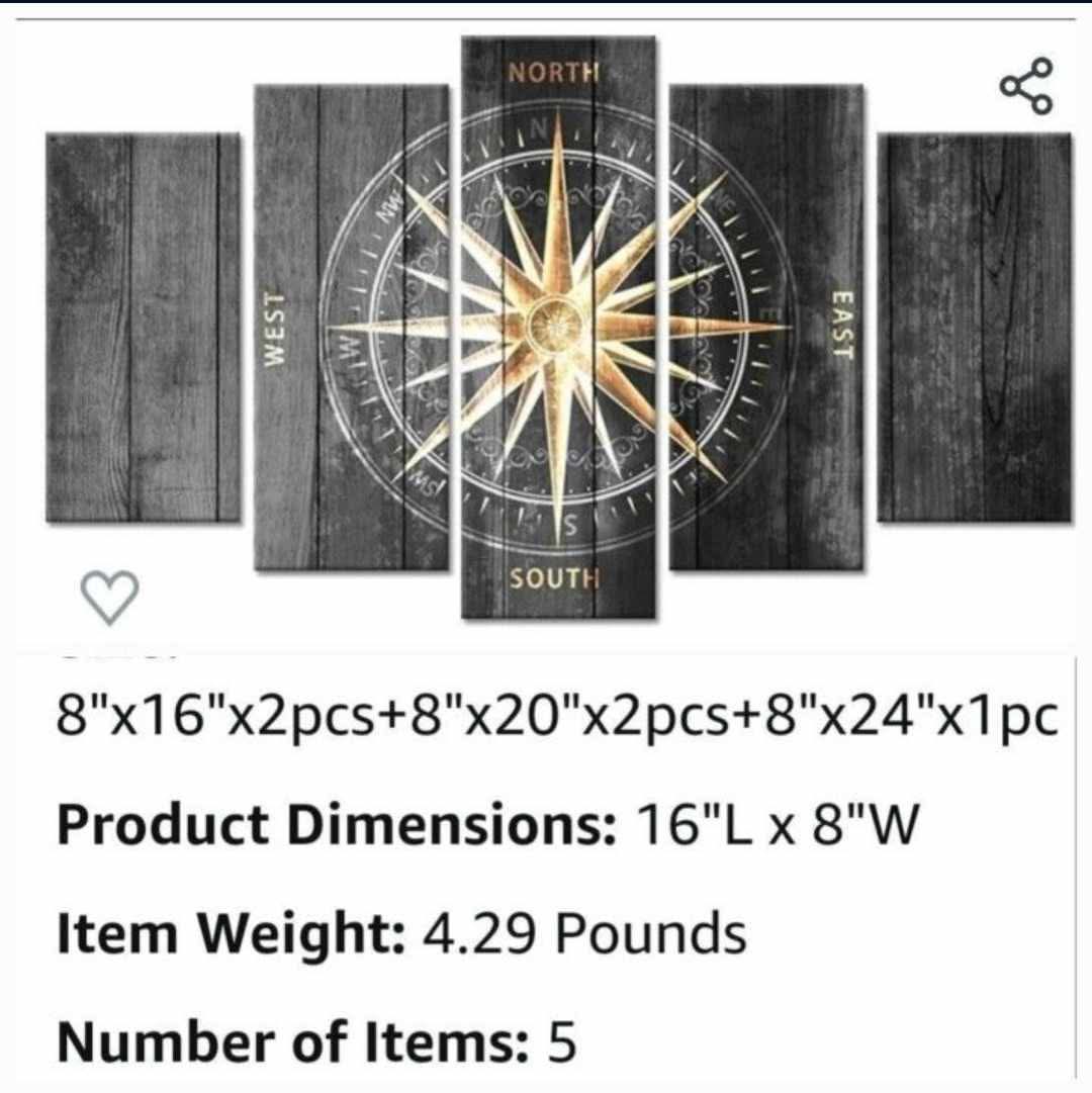 5 Pieces Vintage Grey and Gold Canvas Wall Art Nautical Compass Directions Painted on Wood Design Giclee Print Gallery Wrap For Modern Home Office Bedroom Decoration Ready to Hang - Image 3