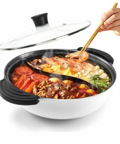 Hot Pot with Divider for Induction Cooker Dual Sided Soup Cookware Two-flavor Chinese Shabu Shabu Pot for Home Party Family Gathering, 4.5 Quart (White)