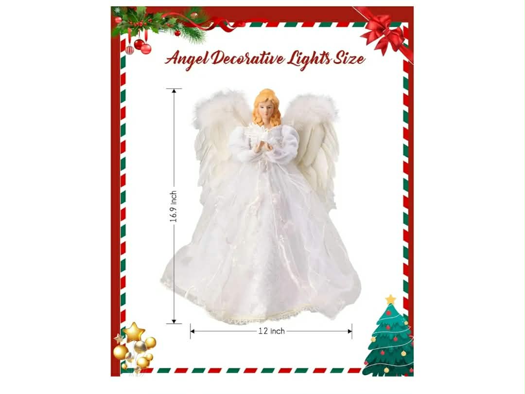 Christmas Tree Topper Angel with Lights, Xmas Tree Toppers Decorations Ornament with White Feather Wings, Plug in Christmas Tree Angel Treetop for Indoor Office Holiday - Image 4