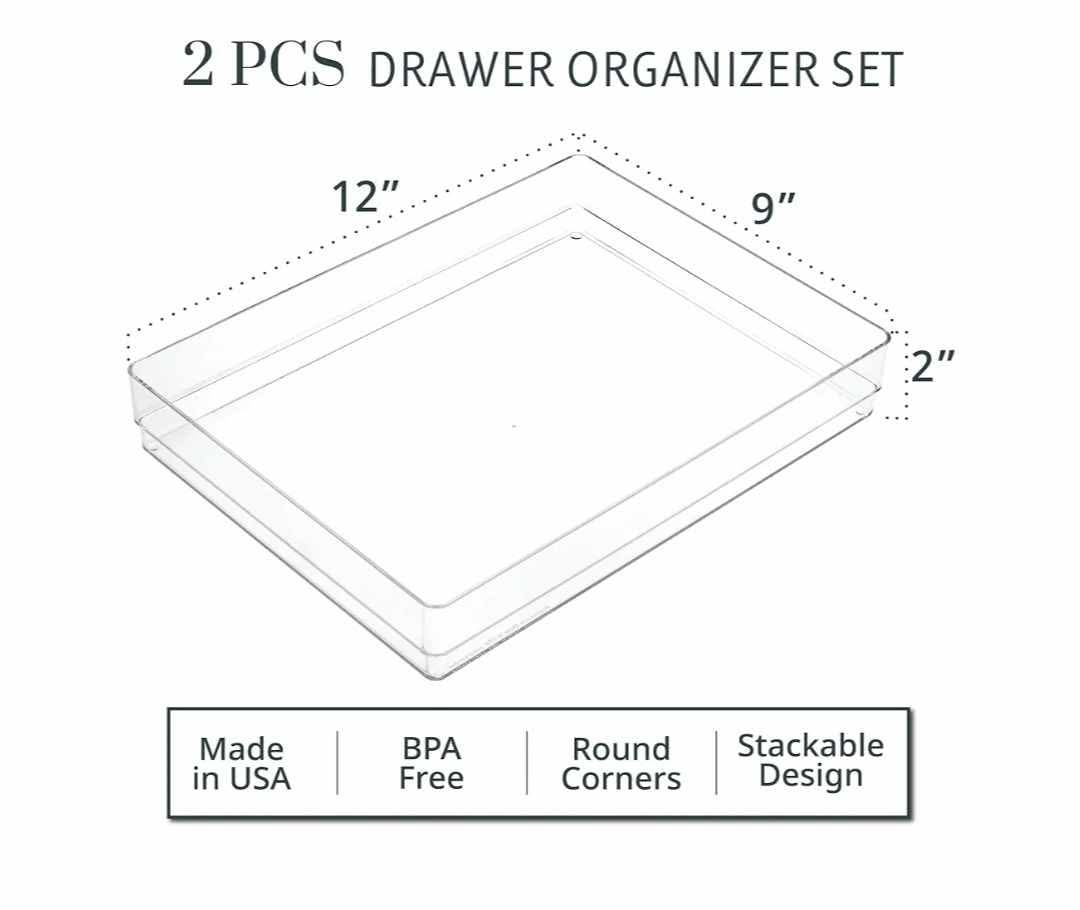 2-Piece Stackable Clear Drawer Organizer Set | 12" x 9" x 2" Rectangle Trays | Wide Makeup Vanity Storage Bins and Office Desk Drawer Dividers - Image 3