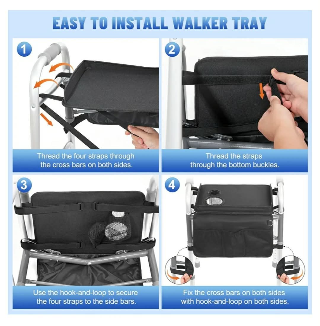 Rhino Valley Walker Tray for Folding Walker, Tray for Walkers with Non-Slip Mat for Food, 3 Front Pockets & 2 Cup Holders, Fits Most Standard Folding Walkers, Walker Accessories for Senior, Black - Image 3