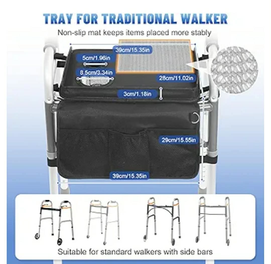 Rhino Valley Walker Tray for Folding Walker, Tray for Walkers with Non-Slip Mat for Food, 3 Front Pockets & 2 Cup Holders, Fits Most Standard Folding Walkers, Walker Accessories for Senior, Black - Image 6