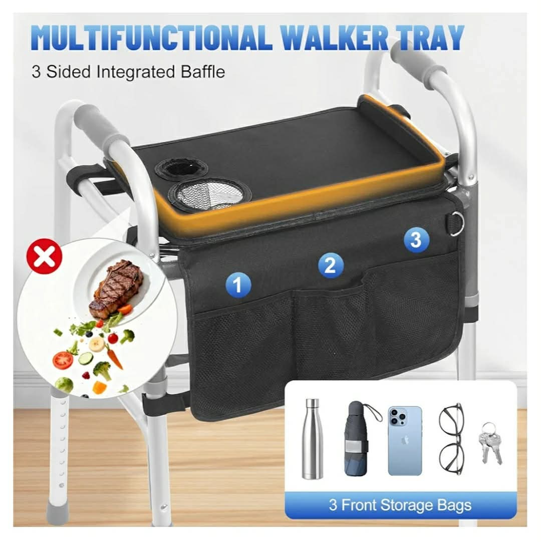 Rhino Valley Walker Tray for Folding Walker, Tray for Walkers with Non-Slip Mat for Food, 3 Front Pockets & 2 Cup Holders, Fits Most Standard Folding Walkers, Walker Accessories for Senior, Black - Image 5