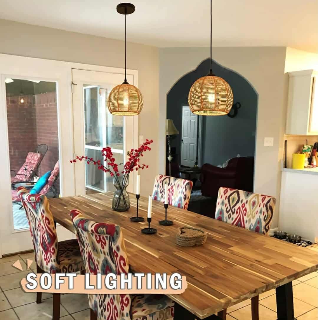 Hemp Rope Woven Pendant Light Woven Light Fixture Boho Chandelier Light Fixture Wicker Pendant Light Rattan Light Pendant Dome Wicker Chandelier for Bedroom Kitchen Island (Bulb Incl.) - Image 6