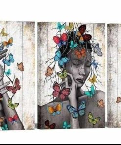 3 Panel Lady Wall Art Canvas Girl Hands with Butterflies Picture Colorful Woman Painting Artwork for Livinig Room Bedroom Decor Framed Ready to Hang