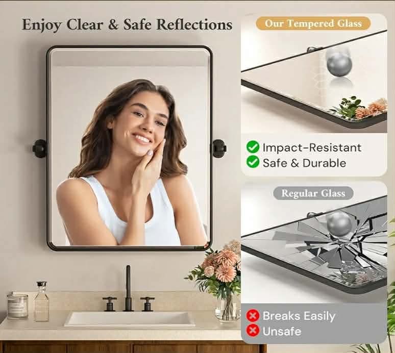 TETOTE Pivot Mirror for Bathroom 20 x 24 Black Pivoting Tilt Rectangle Beveled Mirror, Farmhouse Rounded Corner Metal Framed Bathroom Vanity Mirror for Wall, Horizontal/Vertical, Tempered Glass - Image 11