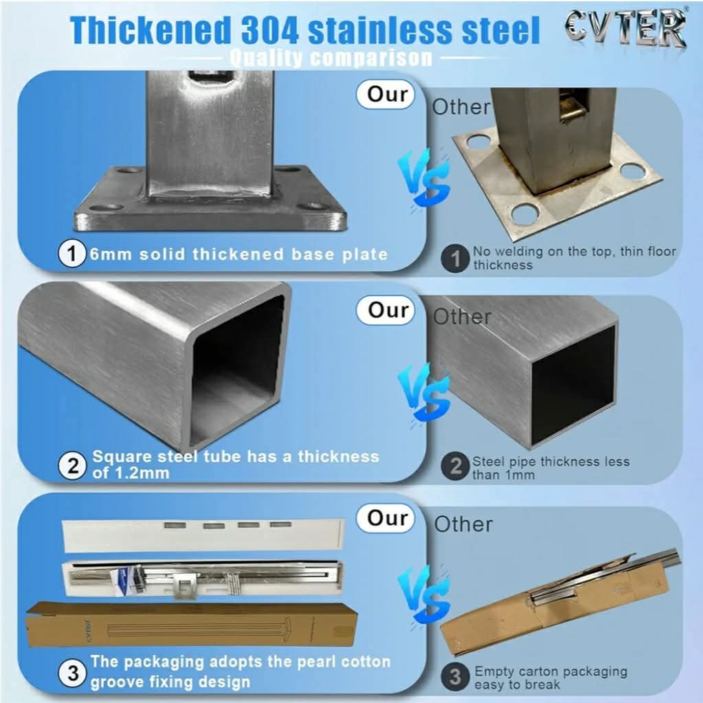 Glass Railing Post, No-Punch Heavy-Duty Glass Railing with Spigot Slots & Base, 304 Stainless Steel Clamp Bracket for Deck Balusters, Balcony, Patio, Stairs, Silver, 23.6in, 60cm Middle Post - Image 3