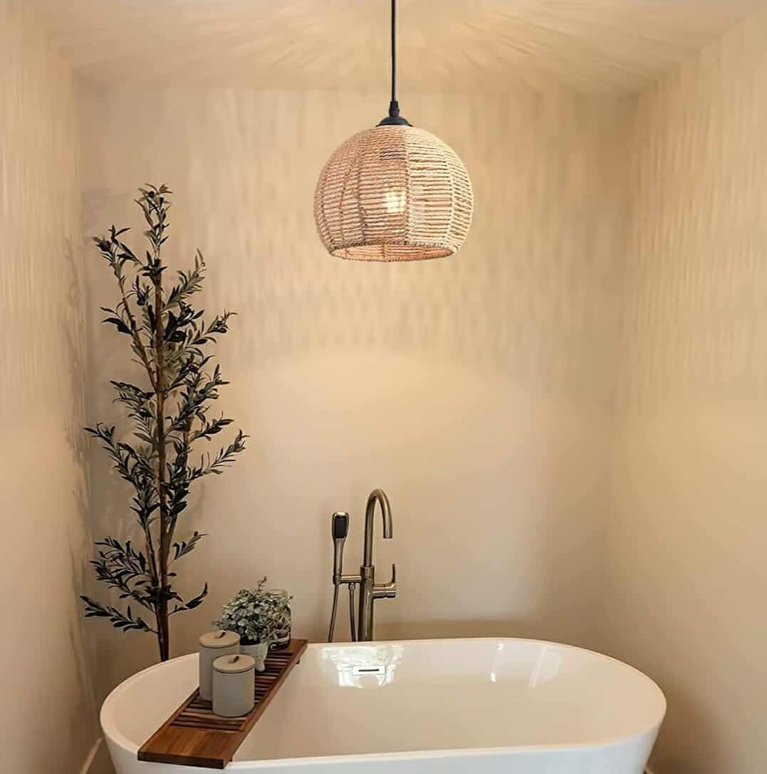 Hemp Rope Woven Pendant Light Woven Light Fixture Boho Chandelier Light Fixture Wicker Pendant Light Rattan Light Pendant Dome Wicker Chandelier for Bedroom Kitchen Island (Bulb Incl.) - Image 4