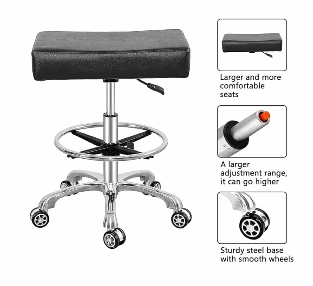 Adjustable Rolling Swivel Stool Chair for Massage Office Tattoo Kitchen, Work Heavy Duty Stool with Wheels (Black, with Foot Rest) - Image 6