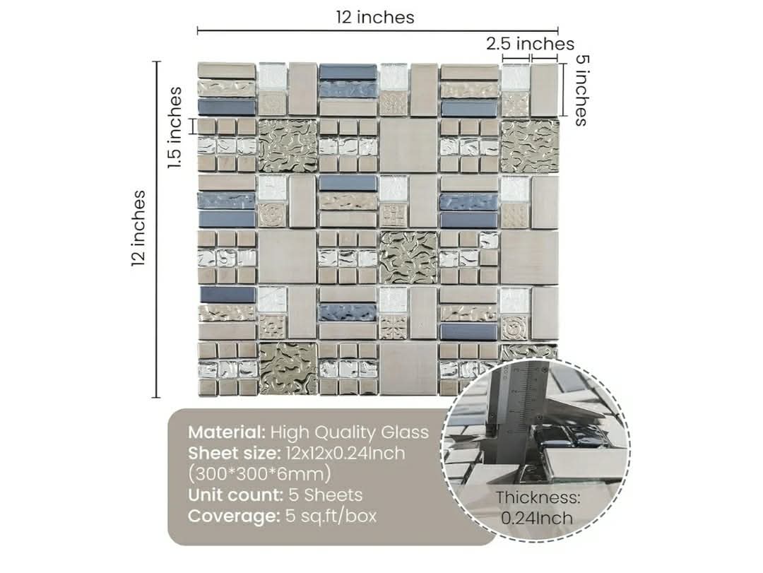 Glass Mosaic Tile Grey and Silver 12 x 12 Inch for Kitchen Backsplash Bathroom Wall (5-Pack, 5 sq.ft.) - Image 3