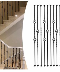 9 Pack Iron Balusters,Hollow Double Basket Iron Spindles Hollow Single Basket Staircase Balusters Single Twist 1/2" Square Stair Balusters with 18 Swivel Shoes
