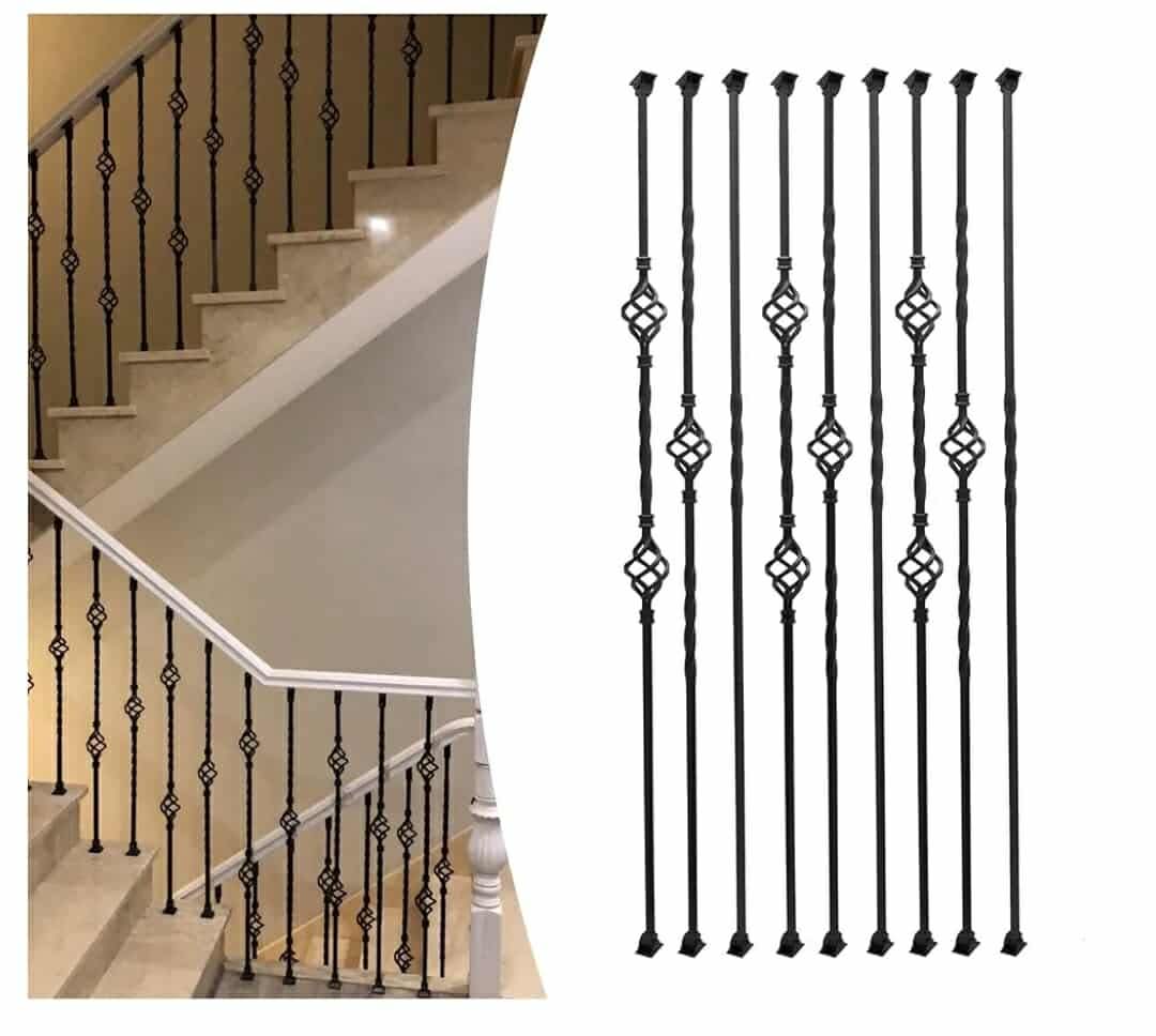 9 Pack Iron Balusters,Hollow Double Basket Iron Spindles Hollow Single Basket Staircase Balusters Single Twist 1/2" Square Stair Balusters with 18 Swivel Shoes