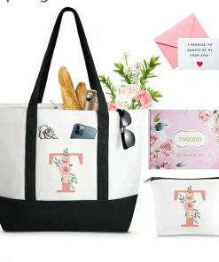 Birthday Gifts for Women Mothers Day Gifts for Mom Wife Grandma Daughter Sister Teacher Appreciation Large Tote Bag and Makeup Bag, initial "T"