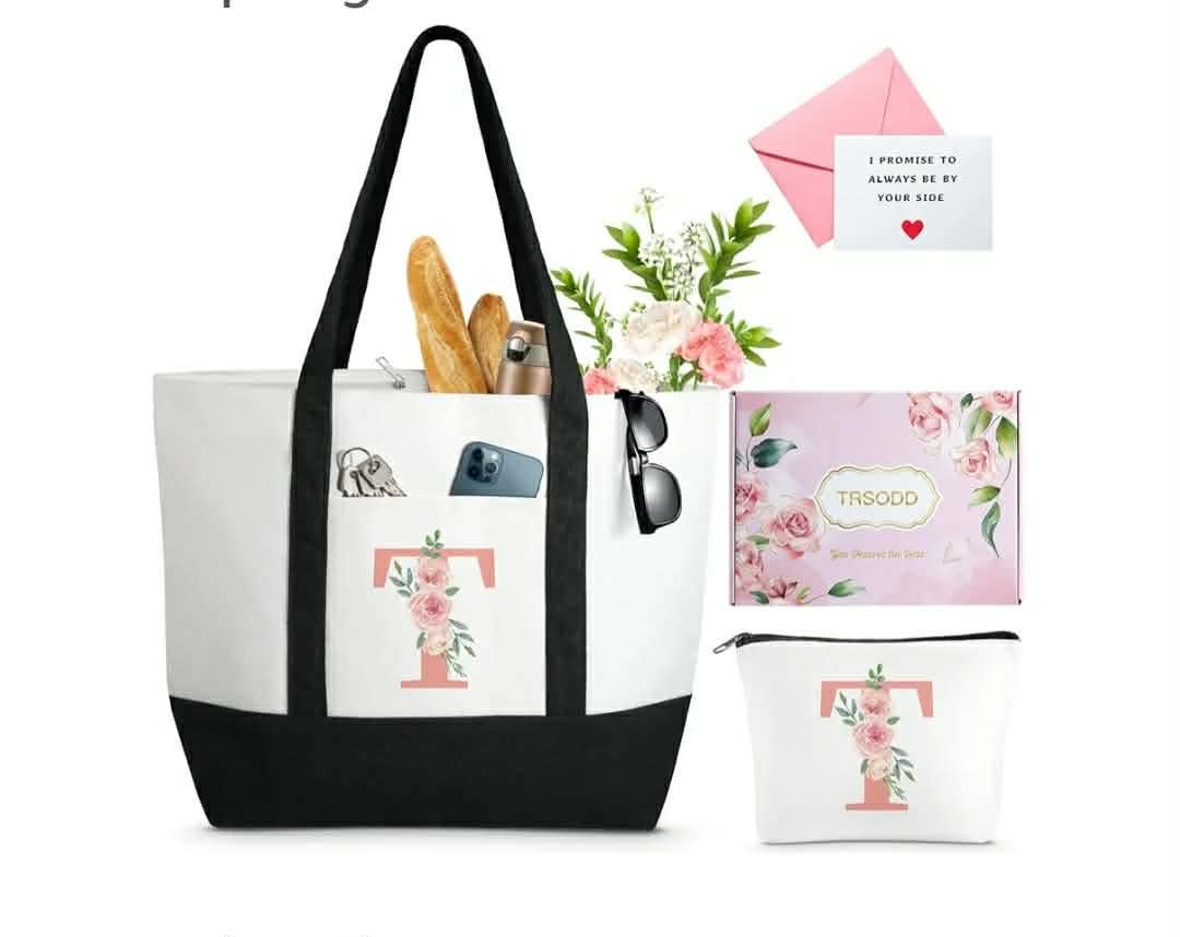 Birthday Gifts for Women Mothers Day Gifts for Mom Wife Grandma Daughter Sister Teacher Appreciation Large Tote Bag and Makeup Bag, initial "T"