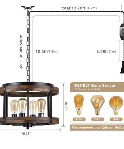 Alternative view of 4-Light Large Rustic Farmhouse Plug in Pendant Light Fixture with Adjustable Chain, Dimmable Switch, 16.5 inch Oak Wood Drum Hanging Lamp for Dining Room Living Room Farmhouse Entry, Black