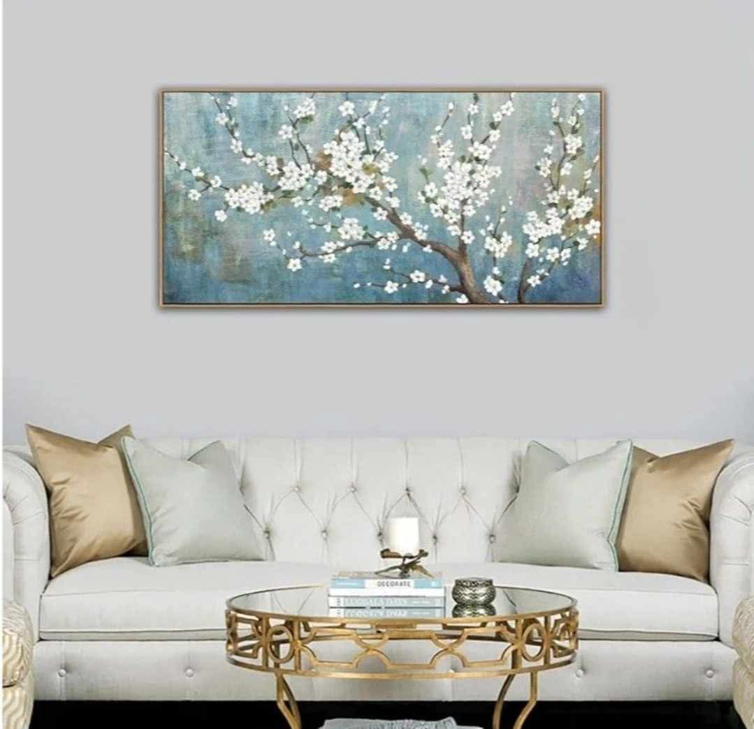 Framed Flowers Canvas Wall Art - Plum Blossom Pictures for Wall Decor Rustic Turquoise Canvas Painting Nature Printing Artwork for Living Room Bedroom Home Office Wall Decoration 24" x 48" - Image 9