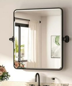 TETOTE Pivot Mirror for Bathroom 20 x 24 Black Pivoting Tilt Rectangle Beveled Mirror, Farmhouse Rounded Corner Metal Framed Bathroom Vanity Mirror for Wall, Horizontal/Vertical, Tempered Glass