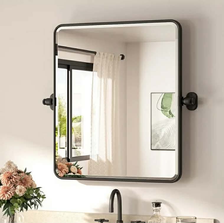 TETOTE Pivot Mirror for Bathroom 20 x 24 Black Pivoting Tilt Rectangle Beveled Mirror, Farmhouse Rounded Corner Metal Framed Bathroom Vanity Mirror for Wall, Horizontal/Vertical, Tempered Glass