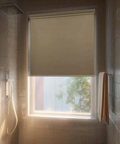 No Drill Cordless Blackout Roller Shades Screwless Waterproof Shower Window Blinds, Auto-Retraction Easy Install Blind for Bathroom/Kitchen/Office/Exterior, Greige, 27" W x 54" H