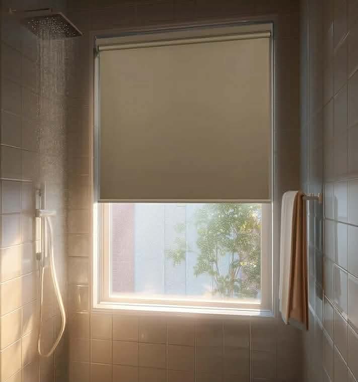 No Drill Cordless Blackout Roller Shades Screwless Waterproof Shower Window Blinds, Auto-Retraction Easy Install Blind for Bathroom/Kitchen/Office/Exterior, Greige, 27" W x 54" H