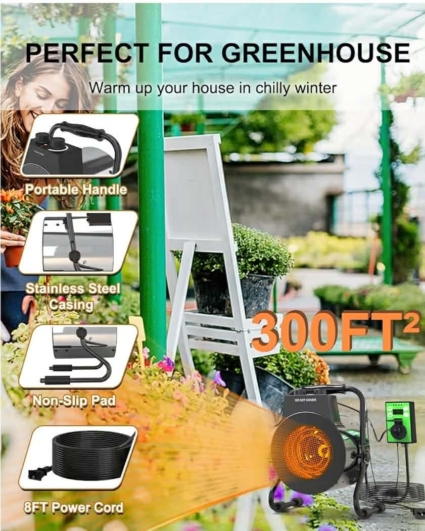 Greenhouse Heater with Digital Thermostat, 1500W Outdoor Heaters for Patio, Electric Space Heater for Patio, Garage, Greenhouse, Flower House, Silver - Image 4