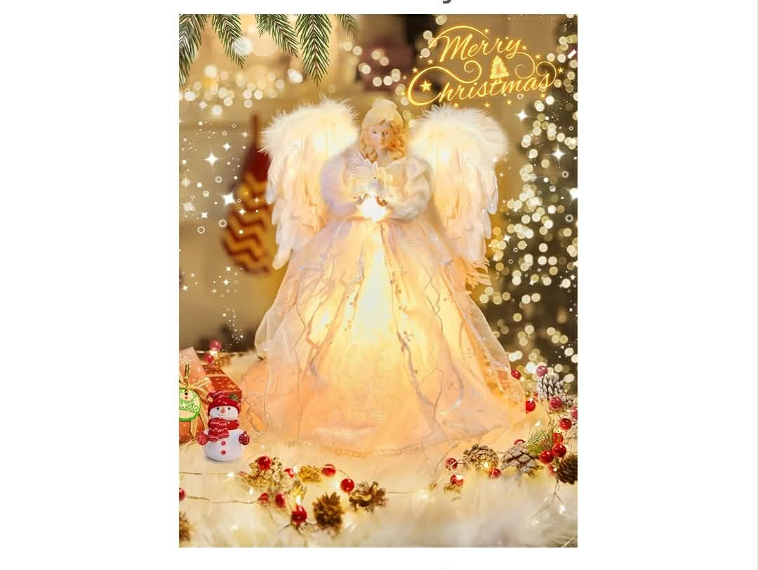 Christmas Tree Topper Angel with Lights, Xmas Tree Toppers Decorations Ornament with White Feather Wings, Plug in Christmas Tree Angel Treetop for Indoor Office Holiday - Image 12