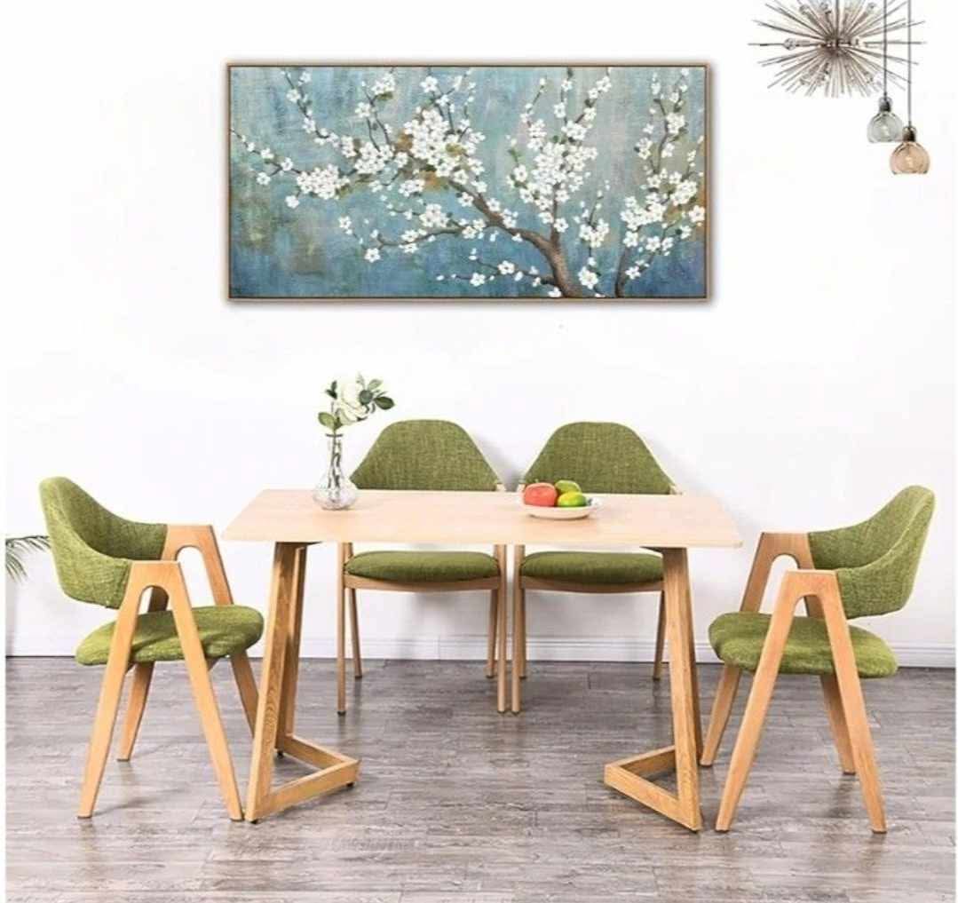 Framed Flowers Canvas Wall Art - Plum Blossom Pictures for Wall Decor Rustic Turquoise Canvas Painting Nature Printing Artwork for Living Room Bedroom Home Office Wall Decoration 24" x 48" - Image 5