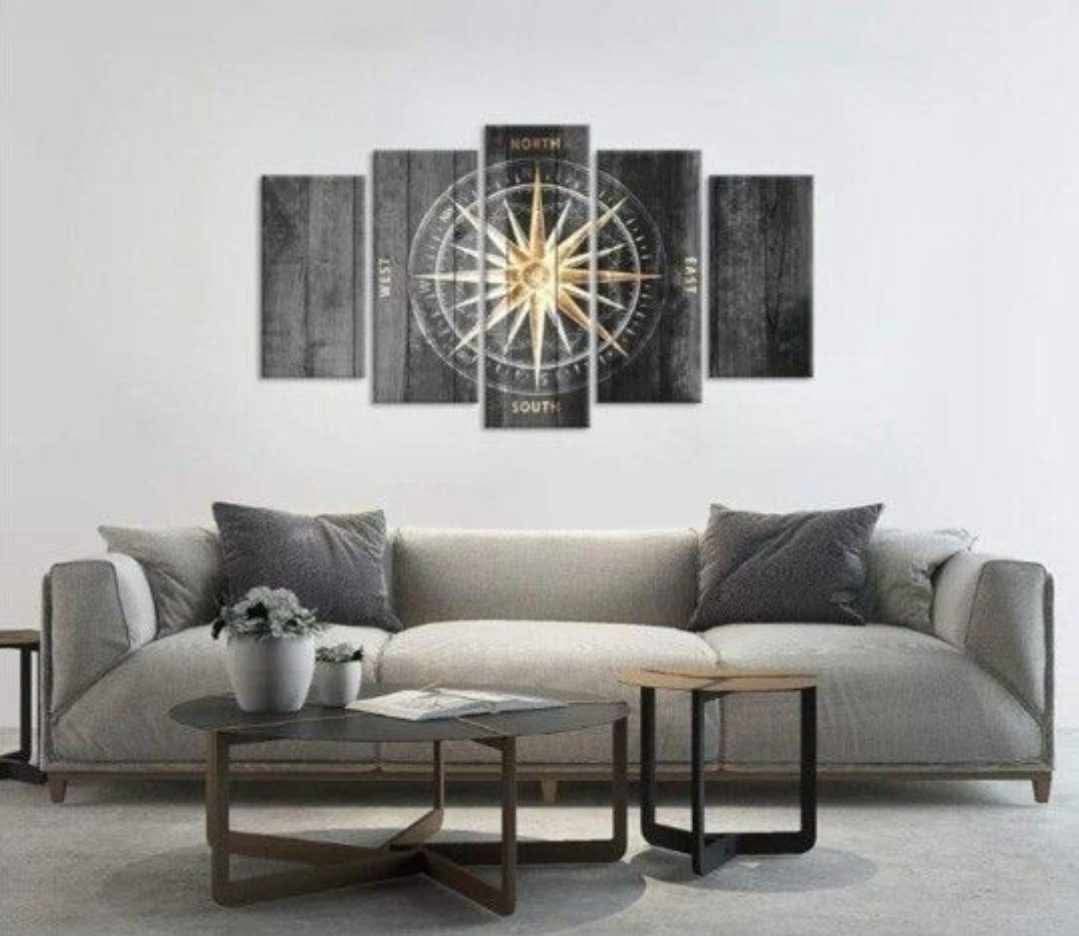 5 Pieces Vintage Grey and Gold Canvas Wall Art Nautical Compass Directions Painted on Wood Design Giclee Print Gallery Wrap For Modern Home Office Bedroom Decoration Ready to Hang - Image 5