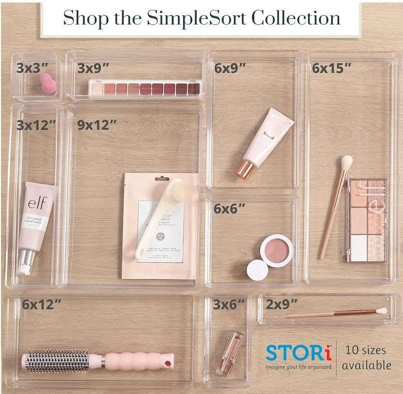 2-Piece Stackable Clear Drawer Organizer Set | 12" x 9" x 2" Rectangle Trays | Wide Makeup Vanity Storage Bins and Office Desk Drawer Dividers - Image 10