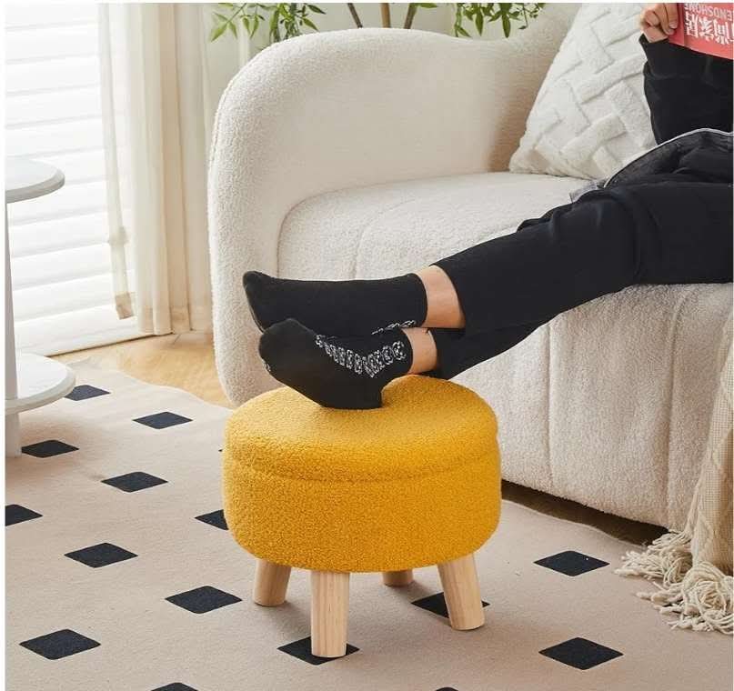 Storage Ottoman, Modern Round Footrest with Soft Padded Seat, Teddy Velvet Footstool with Wood Legs, Accent Small Table or Plant Stand for Hallway, Living Room (Brilliant Yellow) - Image 3