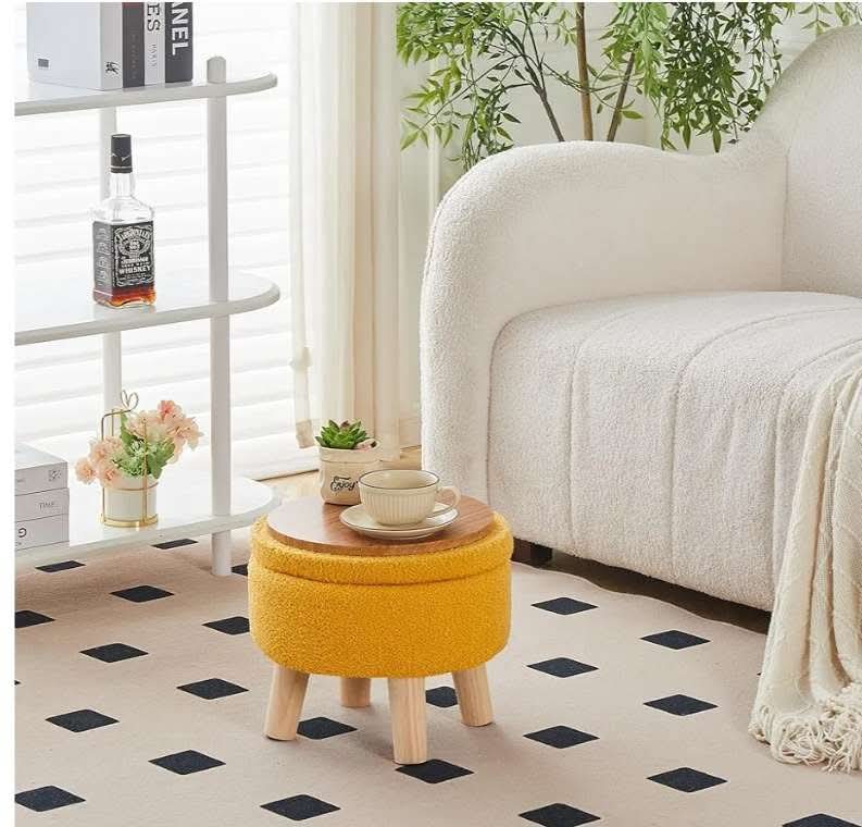 Storage Ottoman, Modern Round Footrest with Soft Padded Seat, Teddy Velvet Footstool with Wood Legs, Accent Small Table or Plant Stand for Hallway, Living Room (Brilliant Yellow) - Image 9