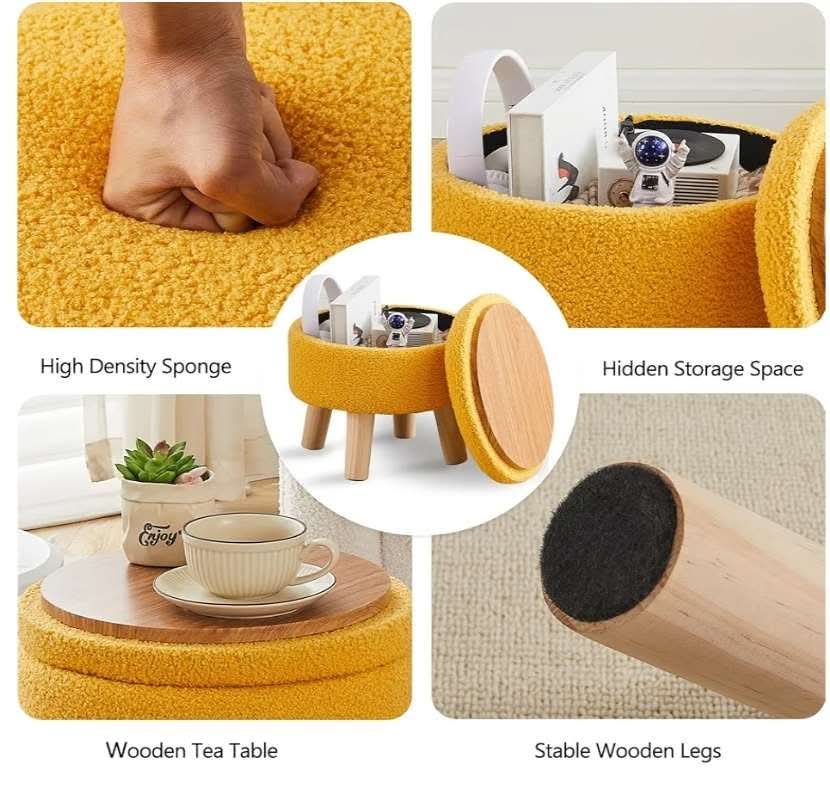 Storage Ottoman, Modern Round Footrest with Soft Padded Seat, Teddy Velvet Footstool with Wood Legs, Accent Small Table or Plant Stand for Hallway, Living Room (Brilliant Yellow) - Image 7
