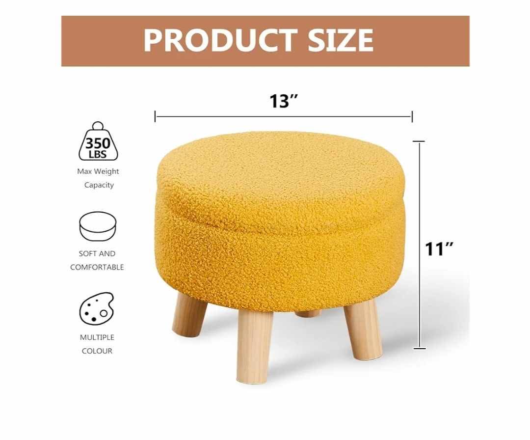 Storage Ottoman, Modern Round Footrest with Soft Padded Seat, Teddy Velvet Footstool with Wood Legs, Accent Small Table or Plant Stand for Hallway, Living Room (Brilliant Yellow) - Image 4
