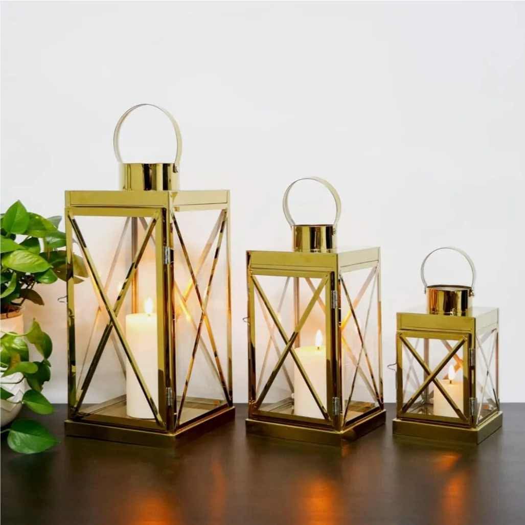 Gold Stainless Steel Lantern Set of 3-Square Elegance 8/12/16 Inch Opulent Metal Candle Lanterns Candle Holder with Tempered Glass - Image 5