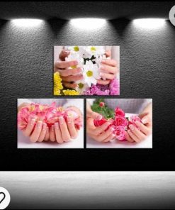Alternative view of Modern Canvas Wall Art Fashion Woman Beauty Salon Painting Picture Nail Hand with Flowers Spa Artwork Makeup and Manicure Poster Bedroom Decor Stretched Ready to Hang 12x16inchx3pcs