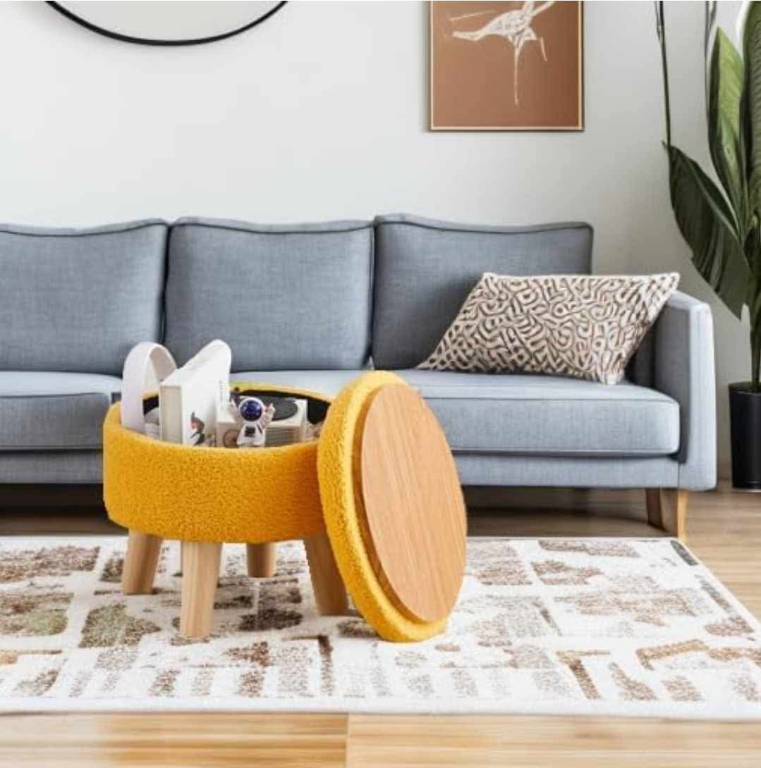 Storage Ottoman, Modern Round Footrest with Soft Padded Seat, Teddy Velvet Footstool with Wood Legs, Accent Small Table or Plant Stand for Hallway, Living Room (Brilliant Yellow) - Image 6