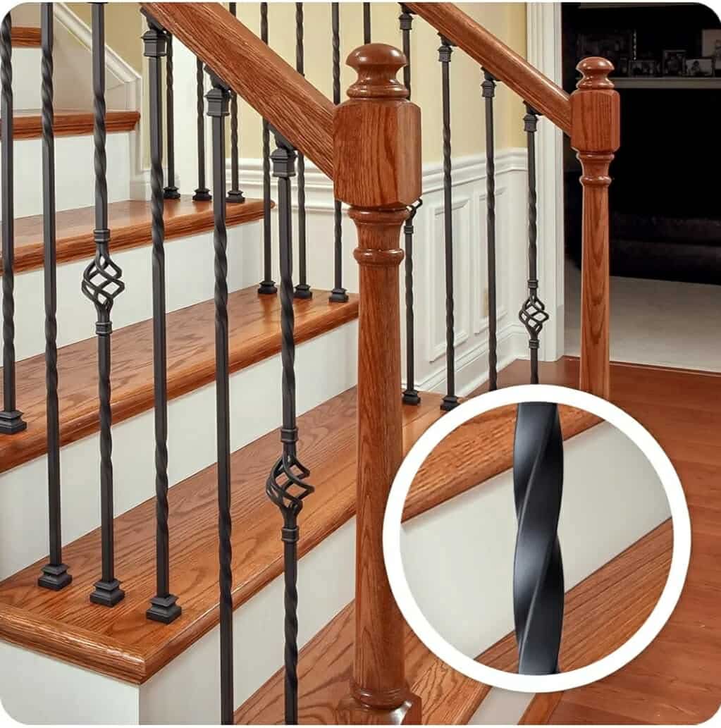 9 Pack Iron Balusters,Hollow Double Basket Iron Spindles Hollow Single Basket Staircase Balusters Single Twist 1/2" Square Stair Balusters with 18 Swivel Shoes - Image 4