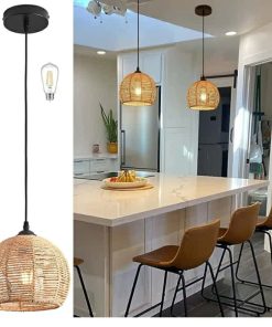 Hemp Rope Woven Pendant Light Woven Light Fixture Boho Chandelier Light Fixture Wicker Pendant Light Rattan Light Pendant Dome Wicker Chandelier for Bedroom Kitchen Island (Bulb Incl.)